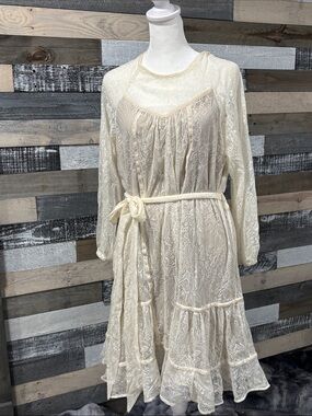 Joyfolie Cream Lace Long Sleeve Dress with Belt